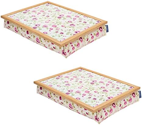 Pack of 2 Mulberry Rose Lap Tray TV Dinner Bean Bag Bottom Cushioned Laptray Laptop Holder Bed Desk With Wipe-Clean Surface and Wood Frame