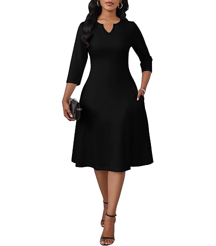 church dresses for young ladies nearby FANDEE Women's Midi Dress, 3/4 Sleeve A-Line Fit and Flare Work with Pockets at Amazon Women's Clothing store Wool Dresses