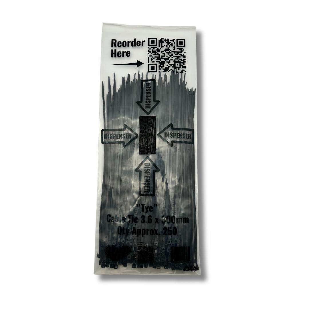 PBP Cable Ties, 3.6 x 300 mm, Pack of 250, Black with Dispenser