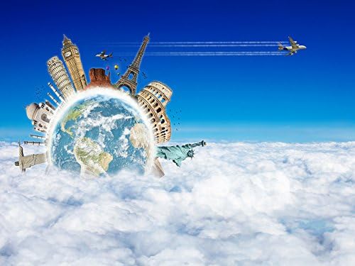 DZJYQ 6.5x5ft(2x1.5m) Plane Statue of Liberty Ancient Rome Arena Eiffel Tower The Leaning Tower of Pisa Earth in Cloud Children Birthday Newborn Party Backdrop Photography Background 99