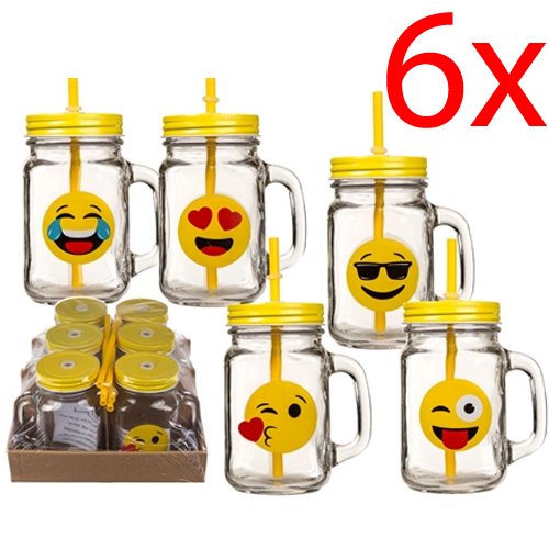 Set of 6 Emoji ICON Drinking JAR Glass 500ML Straw Party Cocktail LID