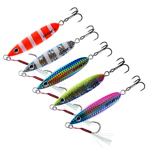 Goture Vertical Jigs Fishing Lure Metal Spoons with Feather Treble Hooks Saltwater Jigging Bait (Multi Colors (Pack of 5), 2.12oz)