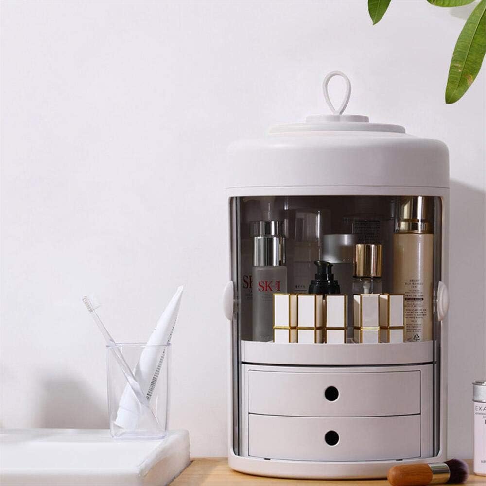 ZEHNHASE Makeup Organiser, 360 Degree Rotating Double Door Cosmetic Storage Box,Dust-proof Cosmetic Case with 2 Drawers and Carry Handle - White