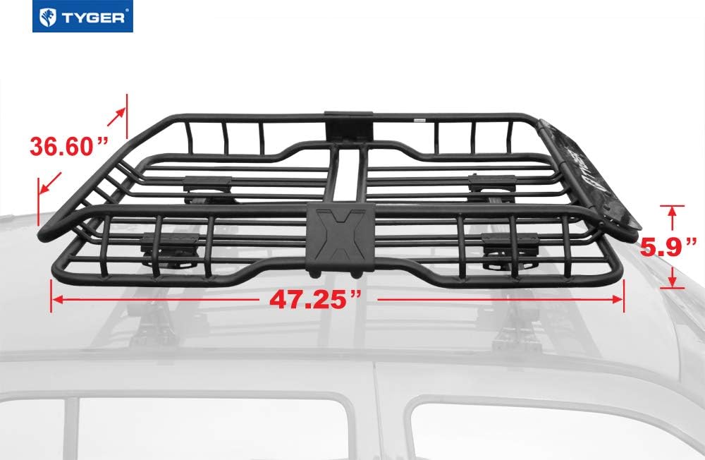 Tyger Heavy Duty Roof Mounted Cargo Basket Rack | L47.25 x W36.6 x H5.9 | Roof Top Luggage Carrier | with Wind Fairing: Automotive