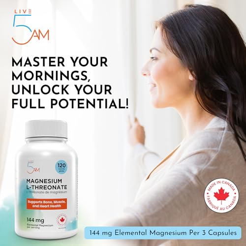 Live 5AM Magnesium L-Threonate 144mg Elemental per Serving, 120 Capsules | Made in Canada. chelated form. Helps maintain proper muscle function, including the heart muscle, 48 mg per serving,