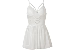 Sruiluo Harness Lingerie Women Embroidery Lace Babydoll Sexy Mesh Sleepwear Nightdress Chemise with Garter Belt and Panty Whi