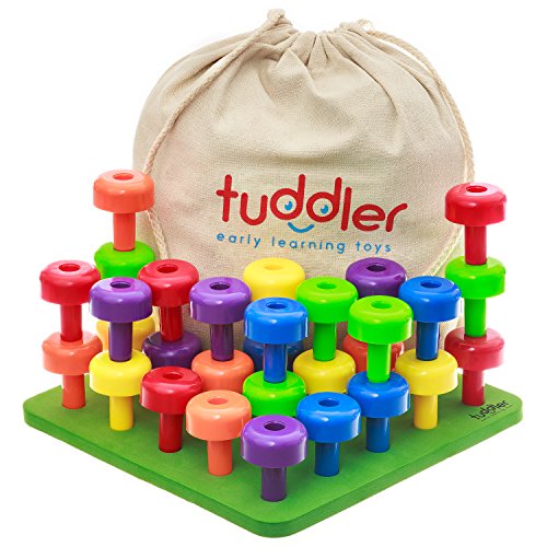 Toddler Peg Board Sensory Montessori Fine Motor Skills Educational Toys - 30 Stackable Pegs + Pattern Card + Drawstring Backpack + E-Book