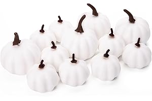 LOVEINUSA Artificial Pumpkins, 12PCS White Fake Pumpkins Fall Harvest Pumpkins Faux White Pumpkins for Halloween Thanksgiving Decorations