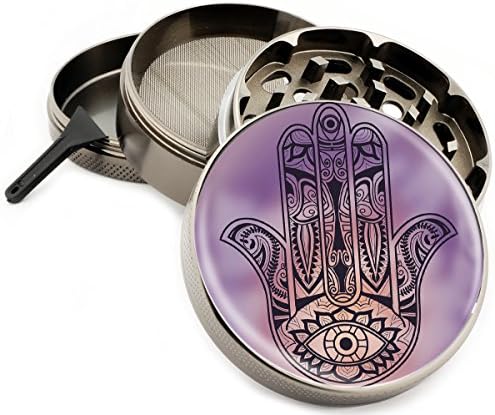 Hamsa Hand 4 Piece Zinc Titanium Gun Metal Herb Grinder 2.5" Purple Eye Premium Quality Grinders Yoga - Gift Box