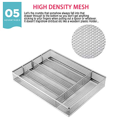 IRSHOME Sturdy Utensil Drawer Organizer, Cutlery Tray, Silverware/Flatware Storage Divider for Kitchen, Mesh Designing with Non-slip Rubber Feet, 5 Compartments, Sliver- 1 Pack - Thumbnail 6