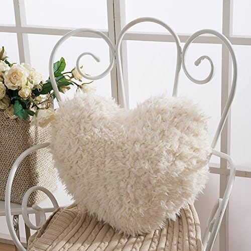 UREEN Super Soft Long Shaggy Chic Fuzzy Fur Faux Fur Warm Elegant Cozy Microfiber Throw Pillow Cover (18" x 18") White Heart Shape