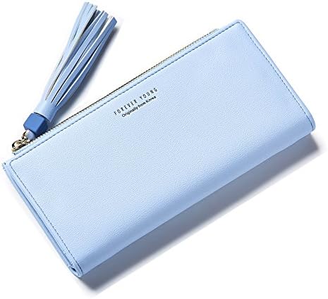 Fency Women's Tassel Multi-Card Faux Leather Wallet Long Tri-fold Matte Purse (Light Blue)