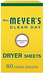 MRS. MEYER'S CLEAN DAY Dryer Sheets, Fabric Softener, Reduces Static, Infused with Essential Oils, Honeysuckle, 80 Count
