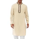 Runcati Mens Kaftan Thobe Cotton Henley Shirt Long Sleeve Embroidery Robe Casual Kurta Muslim Gown Shirt