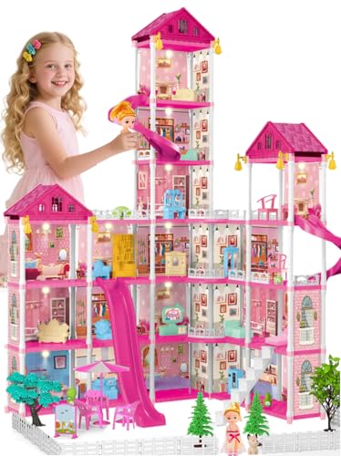 Casa de Boneca, 128cm*70cm*50cm, Casinha de Boneca, Castelo Da Princesa 364 Peças, 6º Andar, 19 Quartos, 2 Varandas com Pasto