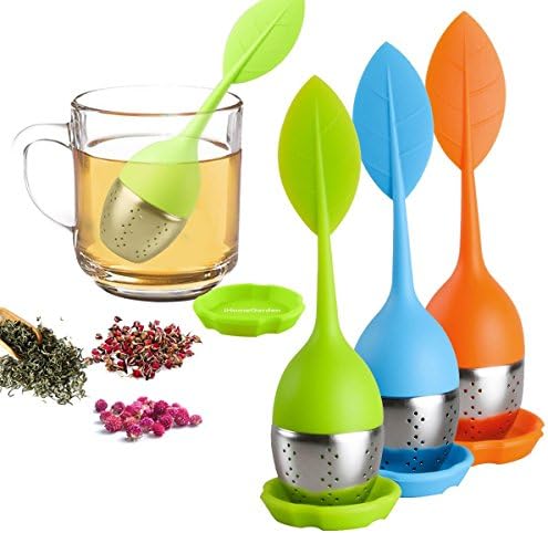 NAOAO Tea Infuser Silicone Filter Long Handle Stainless Steel Strainer with Drip Tray for Loose Leaf Herbal Grain Tea Cups, Mugs, and Teapots(Blue/Green/Orange)