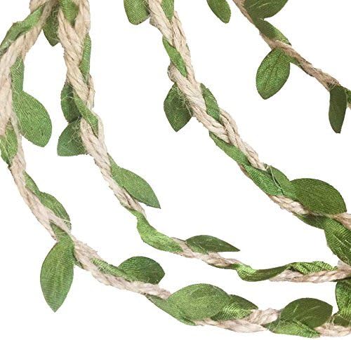 MF2FLAY 33 Feet Natural Jute Twine, Creative Burlap Leaf Ribbon 5MM with Artificial Green Leaves, Perfect Braided Decorated Vine for Art & Crafting Home Packing Decoration and any Party Décor (2 PCS)