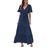 Womens Summer Swiss Dot Maxi Dresses Wrap V Neck Short Sleeve Casual Flowy Long Wedding Guest Dress