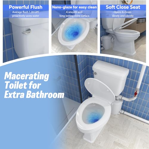HOCANFLO Macerating Toilet System, 17.7inch Extra Tall Toilet with Macerator Pump for Basement Upflush, Sewage Grinder Pump, Quiet Copper Motor, 4 Inlets for Sink/Shower/Laundry/Washer