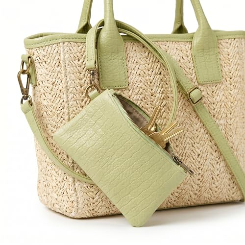 Women's Summer Bag – Raffia Bag with Green Details – Wicker Bag – Matching Purse – Beach Basket with Zip (Green)