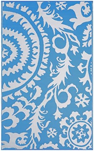Recycled Easy Clean Outdoor Rug - The Original Eco Chic Mat - Reversible, UV resistant, Mildew Resistant, 5x8 Suzani Blue &amp; White, Great for Patio, Picnic or RV Camping