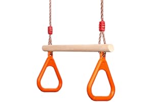 PELLOR Kids Trapeze Bar with Rings,Wooden Trapeze Swing Bar for Ninja Warrior Obstacle Course,Children's Swing Set Indoor Outdoor Garden,Yard,Playground