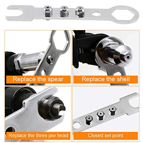 ChgImposs Black Alloy Steel Electric Riveting Gun Adapter with 2.4/3.2/4.0/4.8mm Diameter Rivet Head and Handle Wrench for Electric Drill