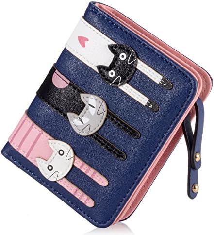 Women's Wallet Short Cartoon Cute Cat Wallet Coin Purse Bifold Purse with Zipper (Dark Blue)