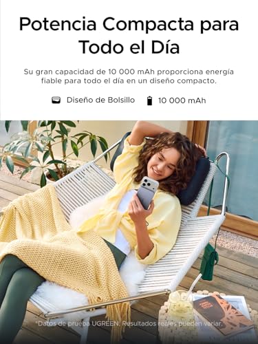 UGREEN MagFlow Air Qi2 15W 10000mAh Power Bank Ultra Delgada Batería Portátil con MagSafe, PD 30W Cable USB-C Integrado, Carga Inalámbrica Magnética Compatible con iPhone 17/16/15/14 Series Negro