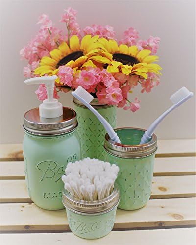 Painted &amp; Distressed 4 piece Mason Jar Bathroom Set (Sea Mist)