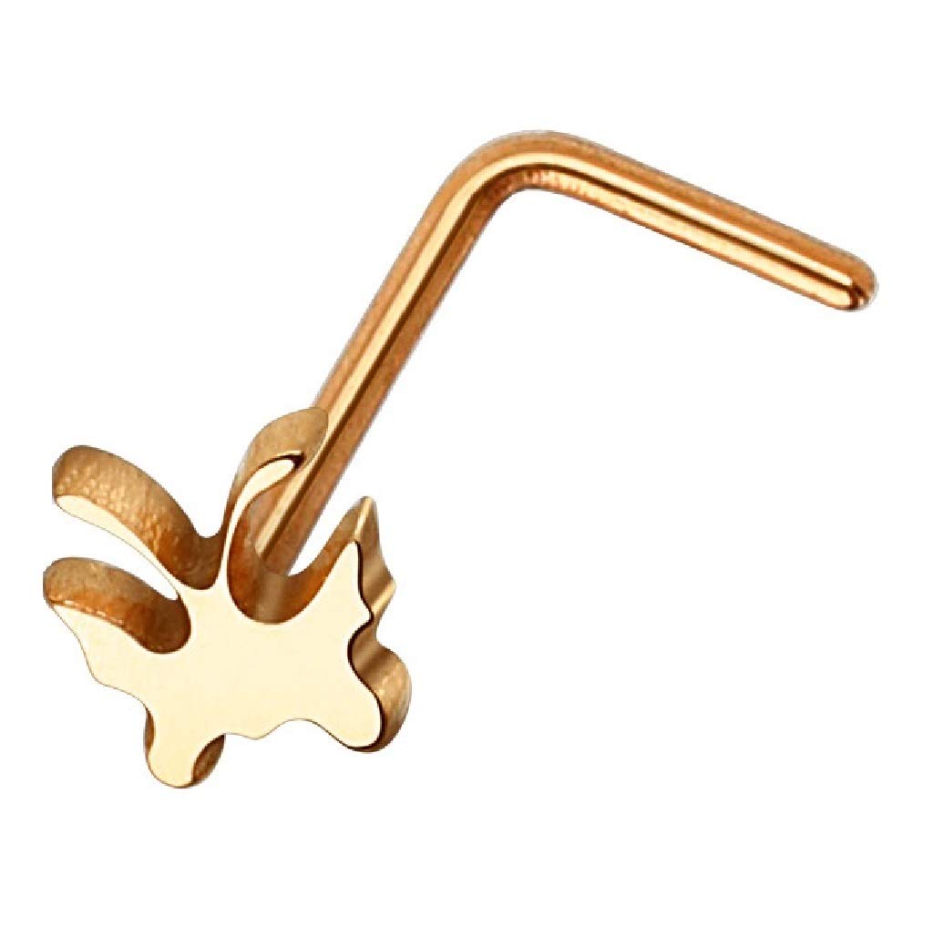 PiercedOff Rose Gold Tone IP over 316L Surgical Steel L Bend Nose Stud with Butterfly Head - Thickness 20GA (0.8mm) / Length 6mm / Butterfly Size 4mm