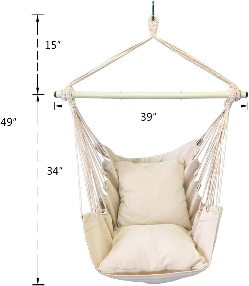Highwild Hammock Chair Hanging Rope Swing - Max 500 Lbs - 2 Cushions Included - Steel Spreader Bar with Anti-Slip Rings - for Any Indoor or Outdoor Spaces (Beige): Kitchen & Dining