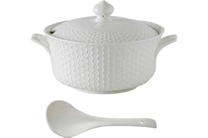 Ceramic Soup Tureen Set with Lid & Ladle - Oven-Safe for Baked Casseroles, Soups, and Stews - 2.5 L Large Volume (Honeycomb P