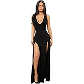 WDIRARA Women's Plunging Deep V Bandage High Split Sexy Dress Solid Bodycon Maxi Dress
