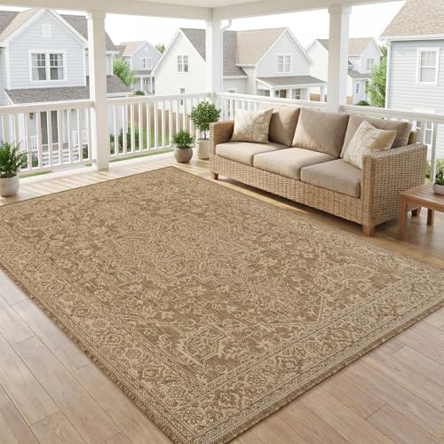 Outdoor Rug-Patio Rug Polypropylene Indoor Outdoor Carpet 7.9x10ft Porch Balcony Carpets Garden Deck Mat Easy Clean Non Slip Light Weight Vintage Outdoor Area Rug Retro Brown
