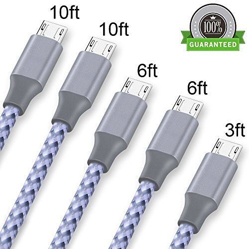 Vanzon Micro USB Cable,5Pack 3FT 2x6FT 2x10FT Long Premium Nylon Braided Android Charger USB to Micro USB Charging Cable Samsung Charger Cord for Samsung Galaxy S7 Edge/S7/S6/S4/S3,Note 5/4/3-Gray