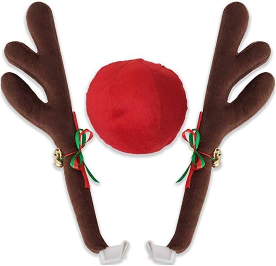 Holoras Christmas Car Reindeer Antlers and Red Nose Set, Car Costume Kit Red Nose Plush Deer Reindeer Antlers for Car Decoration