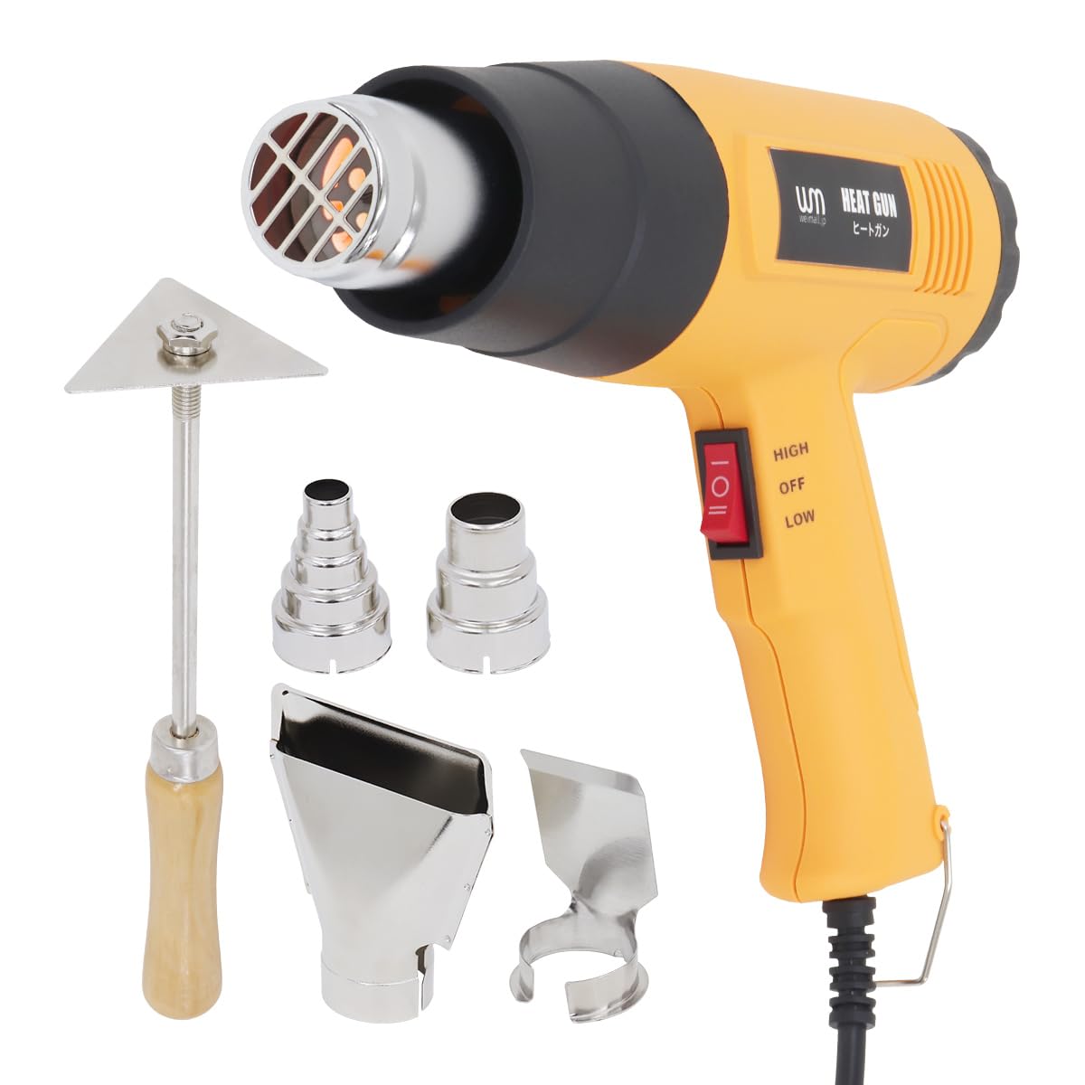 WEIMALL ヒートガン ホットガン 超強力 1300W 2段階切換 最大500度 三角スクレーパー付属 ノズル4種類付属 工業用ドライヤー 多用途ホットガン 熱処理加工 DIY ステッカー剥がし（イエロー）A47商品画像