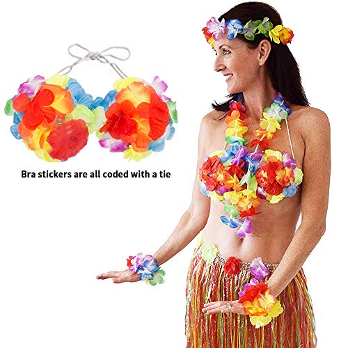 Hula Skirt Hawaiian Grass Skirts with Flower Leis Costume Set Luau Grass and Hawaiian Flower Bracelets, Bra, Headband, Necklace