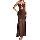 EYNMIN Spaghetti Strap Maxi Dress V Neck Cut Out Ruched Bodycon Mesh Long Formal Wedding Guest Dresses for Women