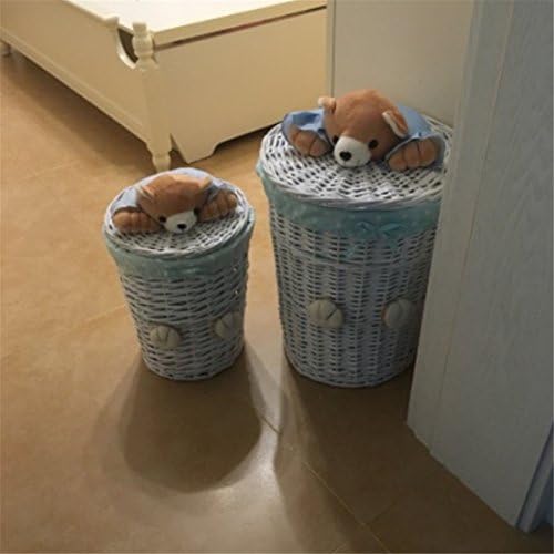 Woven Wicker Baskets Round Laundry Hamper Sorter Storage Basket With Bear Head Lid Small Large Laundry Basket For Clothes Panier 1 Set green Liner