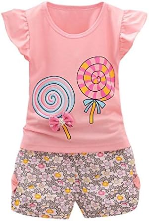 Taore 2PCS Toddler Kids Baby Girls Outfits Lolly T-Shirt Tops + Short Pants Clothes Set (12/18M, Pink)