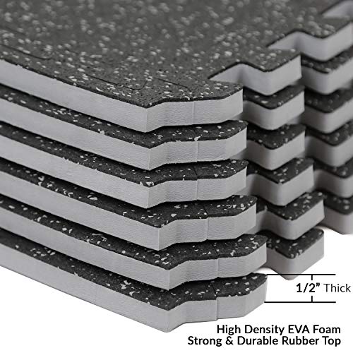 Clevr 1/2" Thick 48 sq ft Rubber Top EVA Foam Exercise Gym Mat | Black Interlocking Gym Foam Floor Mat Tiles (24" x 24" x 1/2'') | Durable Grip Protective Flooring | 12 Pcs | 1 Year Limited Warranty