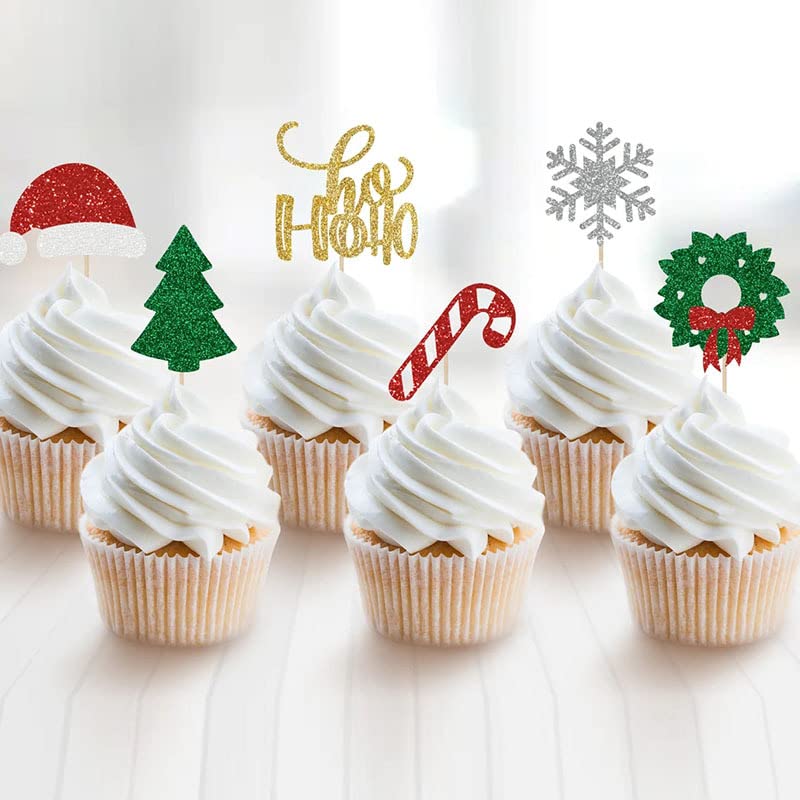 Bymivofun Pack of 24 Christmas Cake Toppers, Christmas Cupcake Toppers, for Christmas Cake Decorations, Christmas Holiday Supplies