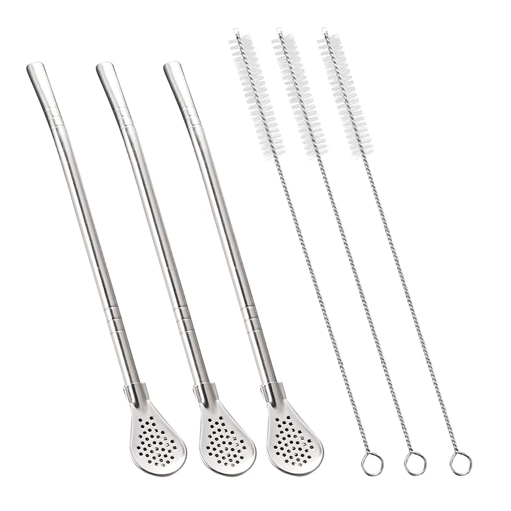 Reusable Stirring Spoon，304 Stainless Steel Drinking Straws， with Filter Spoon,Tea Straws with Cleaning Brush,Yerba Mate Bombilla Suitable for Coffee Shops, Restaurants, Milk Tea Shops（3 Silver）