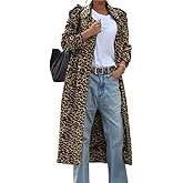 chouyatou Women's Leopard Print Faux Suede Coat Open Front Notch Lapel Midi Long Winter Trench Coat