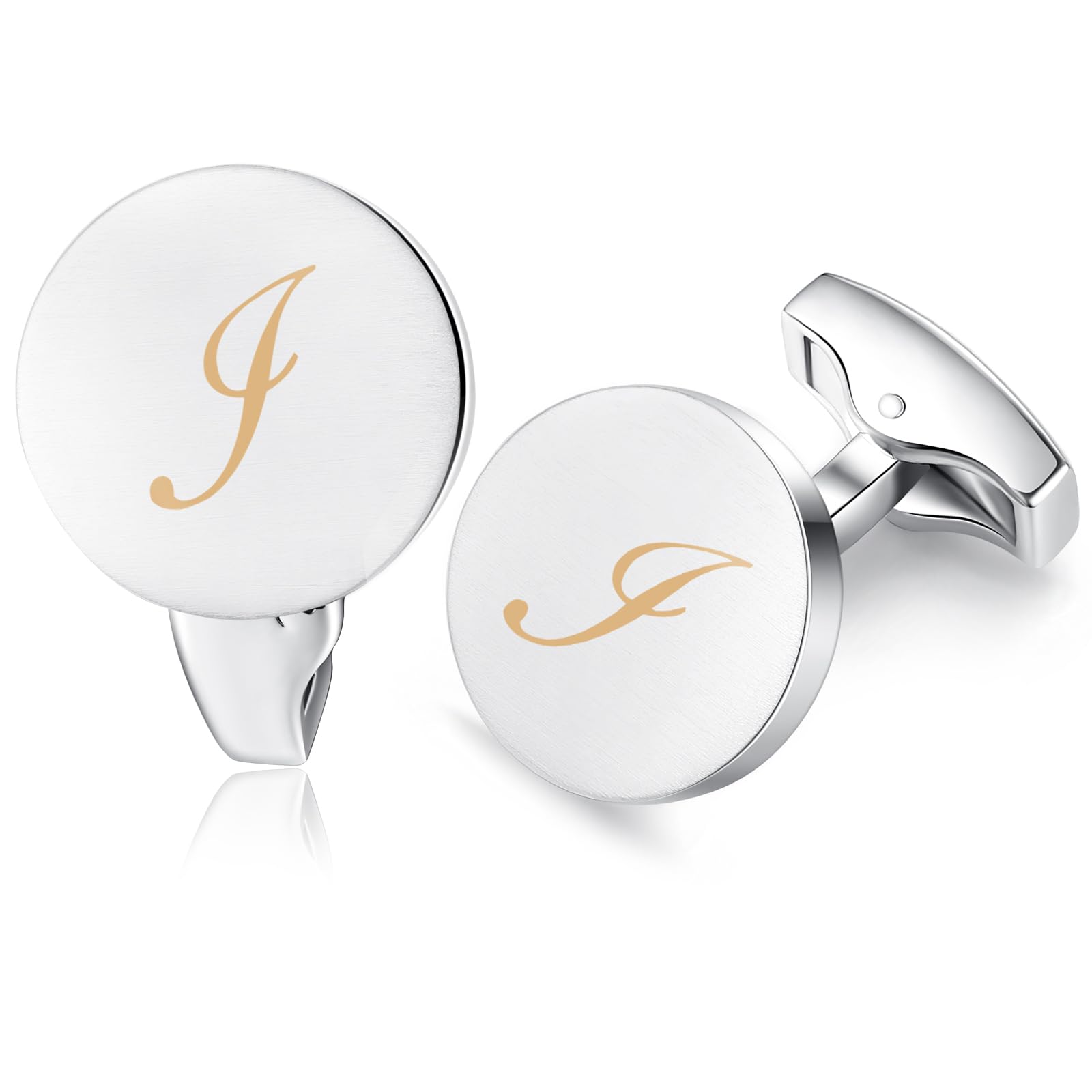 HONEY BEAR Initial Alphabet Letter Cufflinks for Men, Silver Round Shape Wedding Business Gifts A - Z (One pair I)