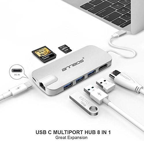USB-C Hub AnnBos 8 in 1 Type C Hub , HDMI Port USBC Charging Port 2 USB 3.0 &amp; 1 USB 2.0 Ports, SD &amp; MicroSD Card Reader Gigabit Ethernet for MacBook Pro 2016/2017 more Type-C Devices (Silver)