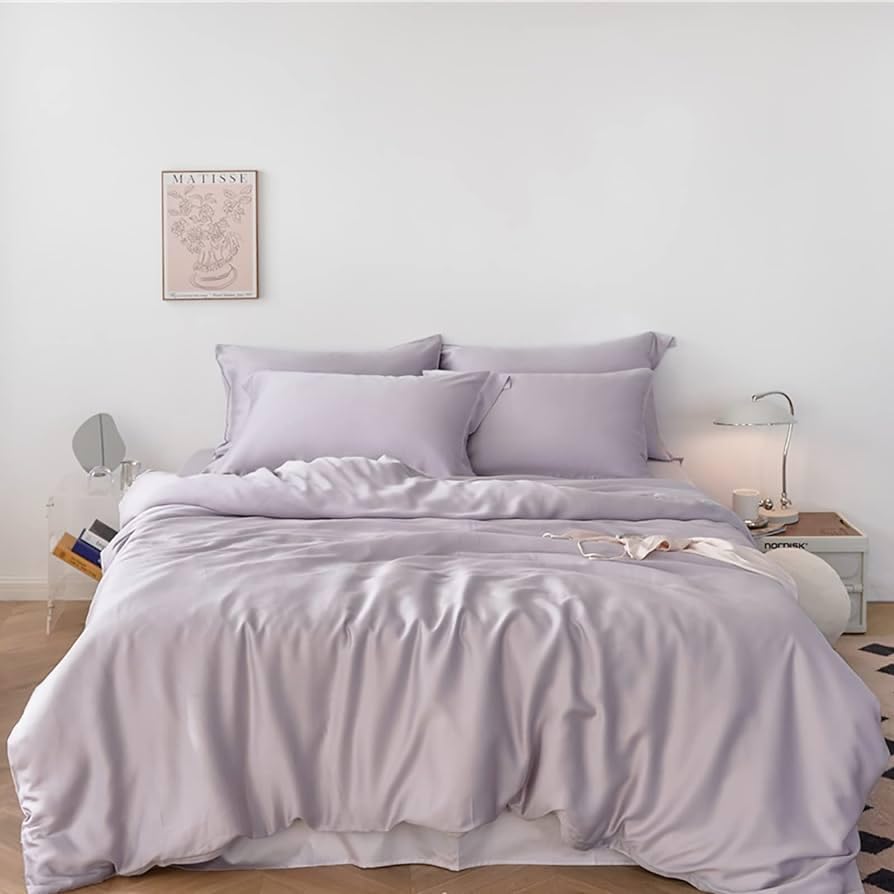 Waterlily 100% Eucalyptus Tencel Lyocell Bedding Set 4 pcs Duvet Cover Fitted Sheet Pillowcases Double King Size Vegan Silk Organic Natural Softer than Bamboo Luxury Bed Linen (Lilac Grey, Double)