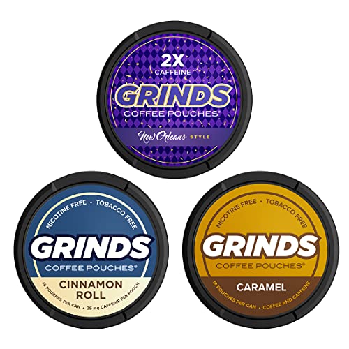 Grinds Coffee Pouches New 3 Can Sampler Caramel, New Orleans, Cinnamon Roll Tobacco Free